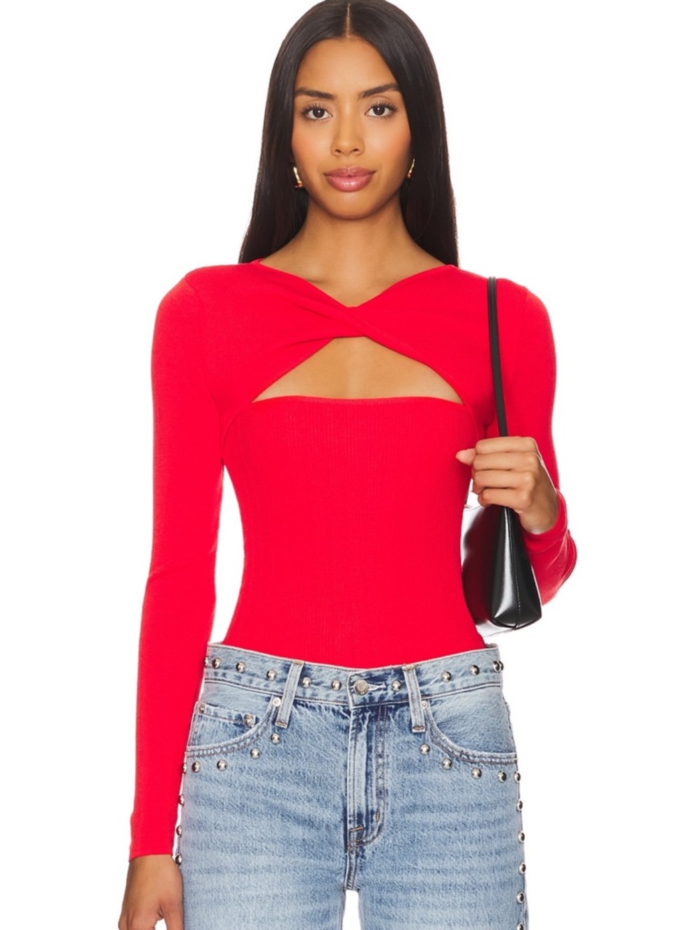 superdown Red Long-Sleeve Cutout Ribbed Top